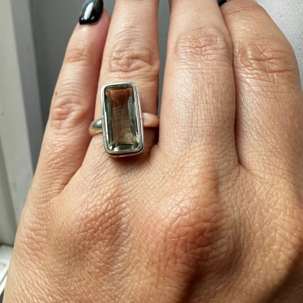 NWT 5ct emerald‎ cut Prasiolite ring in Bali sterling silver!